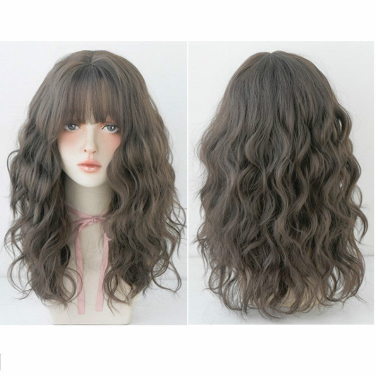 Women's Wool Long Hair With Bangs Natural Fluffy Wig, Pink Brown (Brown On Top) 54CM, Haze Blue (Black On Top ) 54CM, Cold Brown 54CM, Black Brown 54CM