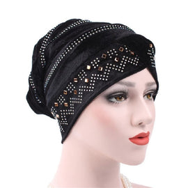 Pleuche Rhinestone Turban Hat Stacking Hat