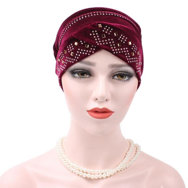 Pleuche Rhinestone Turban Hat Stacking Hat