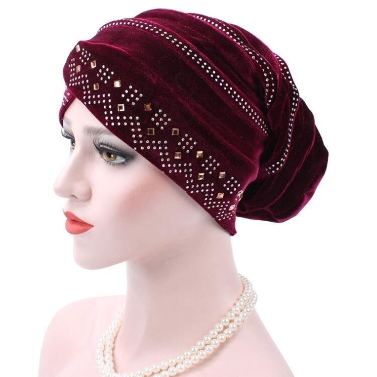 Pleuche Rhinestone Turban Hat Stacking Hat