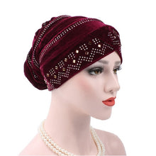 Load image into Gallery viewer, Pleuche Rhinestone Turban Hat Stacking Hat