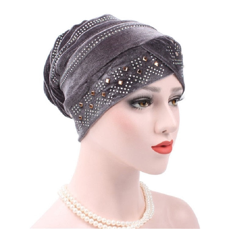 Pleuche Rhinestone Turban Hat Stacking Hat