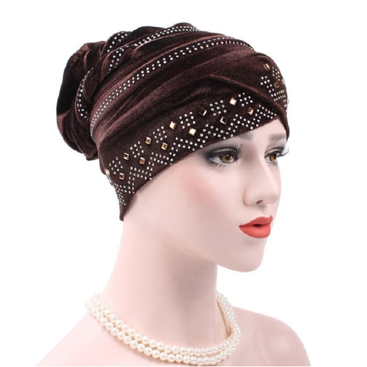 Pleuche Rhinestone Turban Hat Stacking Hat