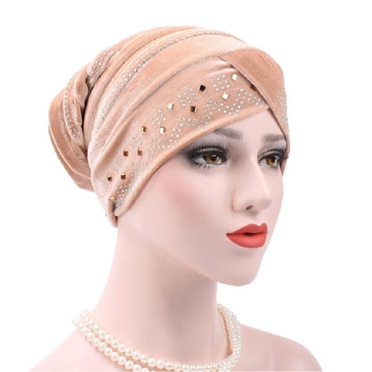 Pleuche Rhinestone Turban Hat Stacking Hat