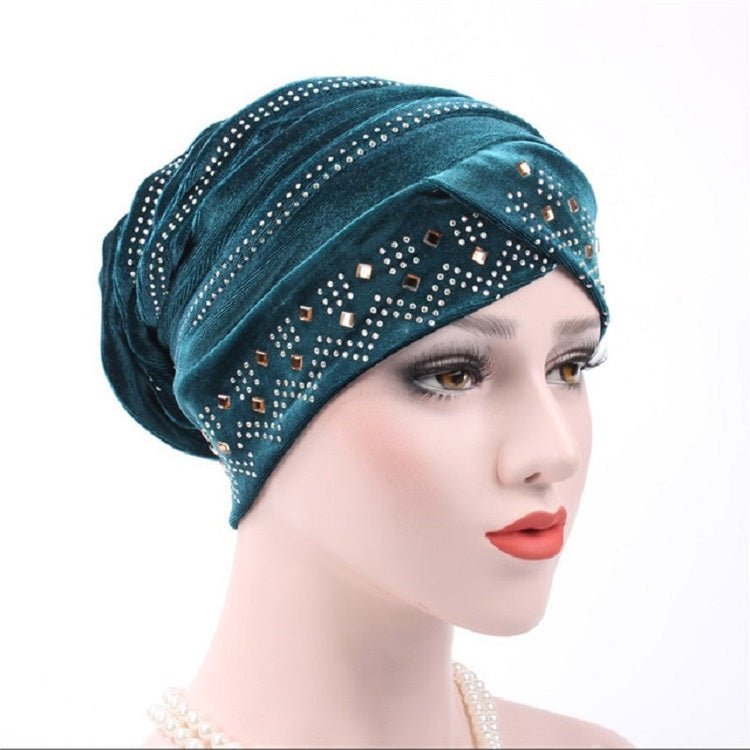 Pleuche Rhinestone Turban Hat Stacking Hat