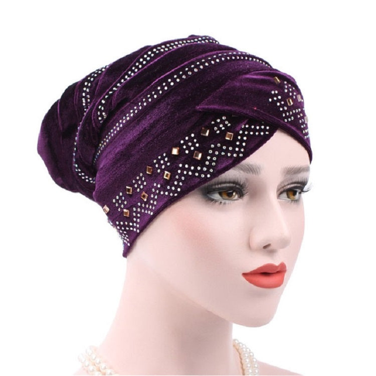 Pleuche Rhinestone Turban Hat Stacking Hat