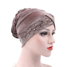 Load image into Gallery viewer, Pleuche Rhinestone Turban Hat Stacking Hat
