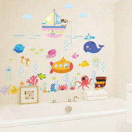 Ocean Cartoon Wall Sticker Bathroom Underwater World Fish Home DIY Stickers