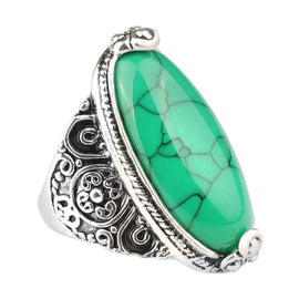 Fashion Vintage Oval Turquoise Flower Ring Women Antique Silver Jewelry, 7, 8, 10