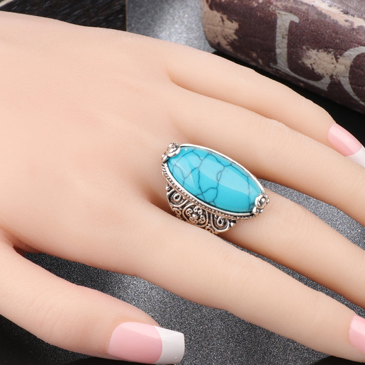 Fashion Vintage Oval Turquoise Flower Ring Women Antique Silver Jewelry, 7, 8, 9, 10