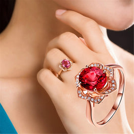 Fashion Red Tourmaline Rose Gold Flower Shape Women Ring, 6, 7, 8, 9, 10