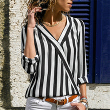 Load image into Gallery viewer, Women Striped Shirt Long Sleeve V-neck Shirts Casual Tops Blouse, S, M, L, XL, XXL, XXXL