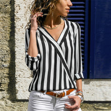 Load image into Gallery viewer, Women Striped Shirt Long Sleeve V-neck Shirts Casual Tops Blouse, S, M, L, XL, XXL, XXXL