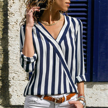 Load image into Gallery viewer, Women Striped Shirt Long Sleeve V-neck Shirts Casual Tops Blouse, S, M, L, XL, XXL, XXXL