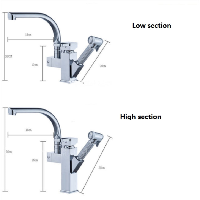 Kitchen Faucet Mixer Tap Single Handle Two Swivel Spouts Hot Cold Water Tap Pull Out Flushing Spray Tap, Low, Hight