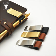 Load image into Gallery viewer, Metal Leather Pen Holder Stainless Steel Pencil Clip Notebook Pen Holder, Gold-Brown, Silver-Brown, Silver-Black