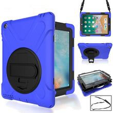 Load image into Gallery viewer, 360 Degree Rotation Silicone Protective Cover with Holder and Hand Strap and Long Strap, for iPad 9.7 (2017) &amp; (2018), for iPad Pro 9.7, for iPad 6 / iPad Air 2, for iPad 5 / iPad Air, for iPad Pro Air 3 10.5 （2019）, for iPad Pro 12.9 (2018)           ...