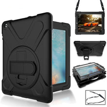 Load image into Gallery viewer, 360 Degree Rotation Silicone Protective Cover with Holder and Hand Strap and Long Strap, for iPad 9.7 (2017) &amp; (2018), for iPad Pro 9.7, for iPad 6 / iPad Air 2, for iPad 5 / iPad Air, for iPad Pro Air 3 10.5 （2019）, for iPad Pro 12.9 (2018)           ...