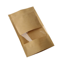 Load image into Gallery viewer, 50 PCS Zipper Self Sealing Kraft Paper Bag with Window Stand Up for Gifts/Food/Candy/Tea/Party/Wedding Gifts, 9x14+3cm, 10x15+3cm, 12x20+4cm, 14x20+4cm, 14x22+4cm, 16x22+4cm, 16x26+4cm, 17x24+4cm, 18x26+4cm, 20x30+5cm, 23x35+5cm, 30x40+6cm