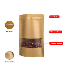 Load image into Gallery viewer, 50 PCS Zipper Self Sealing Kraft Paper Bag with Window Stand Up for Gifts/Food/Candy/Tea/Party/Wedding Gifts, 9x14+3cm, 10x15+3cm, 12x20+4cm, 14x20+4cm, 14x22+4cm, 16x22+4cm, 16x26+4cm, 17x24+4cm, 18x26+4cm, 20x30+5cm, 23x35+5cm, 30x40+6cm