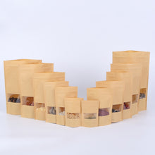 Load image into Gallery viewer, 50 PCS Zipper Self Sealing Kraft Paper Bag with Window Stand Up for Gifts/Food/Candy/Tea/Party/Wedding Gifts, 9x14+3cm, 10x15+3cm, 12x20+4cm, 14x20+4cm, 14x22+4cm, 16x22+4cm, 16x26+4cm, 17x24+4cm, 18x26+4cm, 20x30+5cm, 23x35+5cm, 30x40+6cm