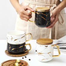 Load image into Gallery viewer, Marble Matte Gold Series Ceramic Tea Cup Coffee Mug With Wooden Lid Or Tray