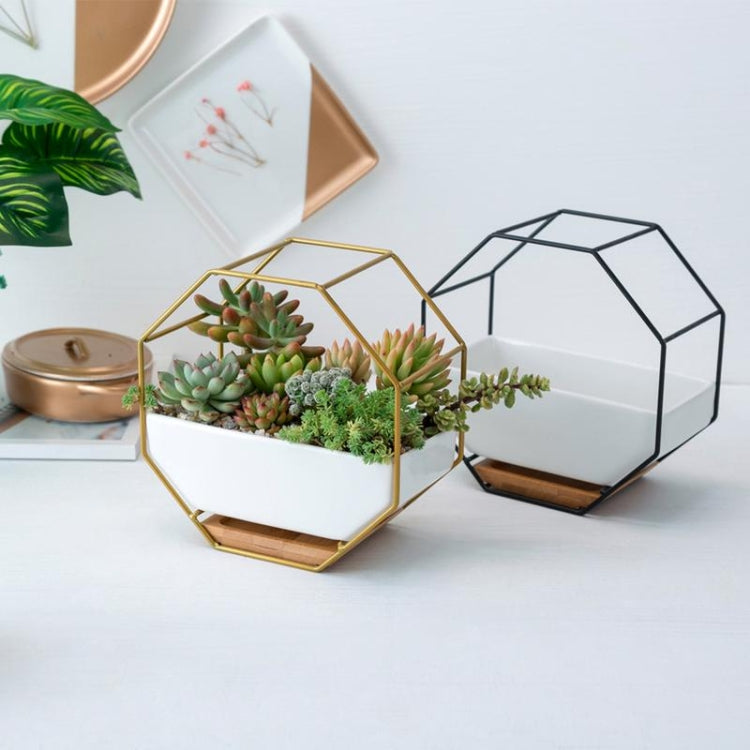 Simple Octagonal Geometric Wall Hanging Table Succulent Platter Bamboo Support Iron Frame Flower Pot