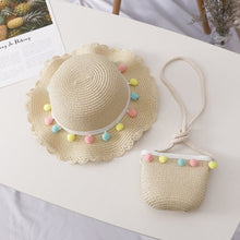 Load image into Gallery viewer, Girls Summer Breathable Straw Braided Floral Shape Border Beach Sun Hat + Small Satchel Set