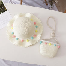 Load image into Gallery viewer, Girls Summer Breathable Straw Braided Floral Shape Border Beach Sun Hat + Small Satchel Set
