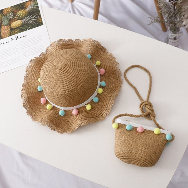 Girls Summer Breathable Straw Braided Floral Shape Border Beach Sun Hat + Small Satchel Set