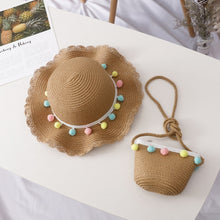 Load image into Gallery viewer, Girls Summer Breathable Straw Braided Floral Shape Border Beach Sun Hat + Small Satchel Set