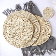 Load image into Gallery viewer, 2 PCS Non-slip Natural Corn Woven Thickening Insulated Tea Mat Table Heat-resistant Casserole Mat, Oval placemat 30x45.5cm, Round Coaster 10cm, Round Placemat 22cm, Round Placemat 35cm