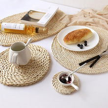 Load image into Gallery viewer, 2 PCS Non-slip Natural Corn Woven Thickening Insulated Tea Mat Table Heat-resistant Casserole Mat, Oval placemat 30x45.5cm, Round Coaster 10cm, Round Placemat 22cm, Round Placemat 35cm