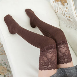 Lace Stockings Above The Knee Non-Slip Thigh Socks Cotton Vertical Stripe Socks