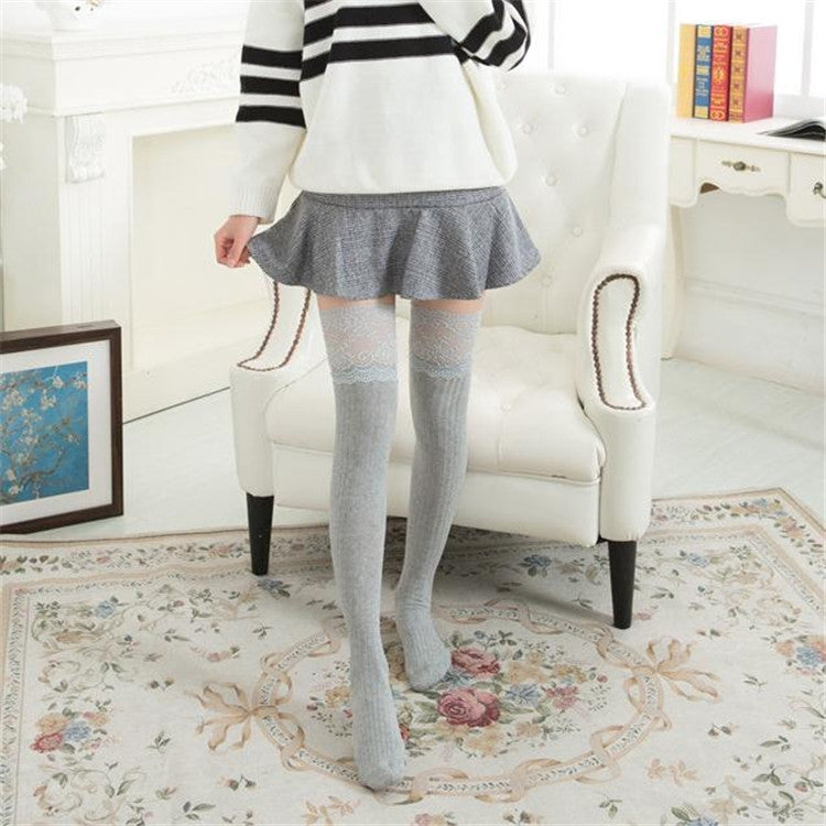 Lace Stockings Above The Knee Non-Slip Thigh Socks Cotton Vertical Stripe Socks