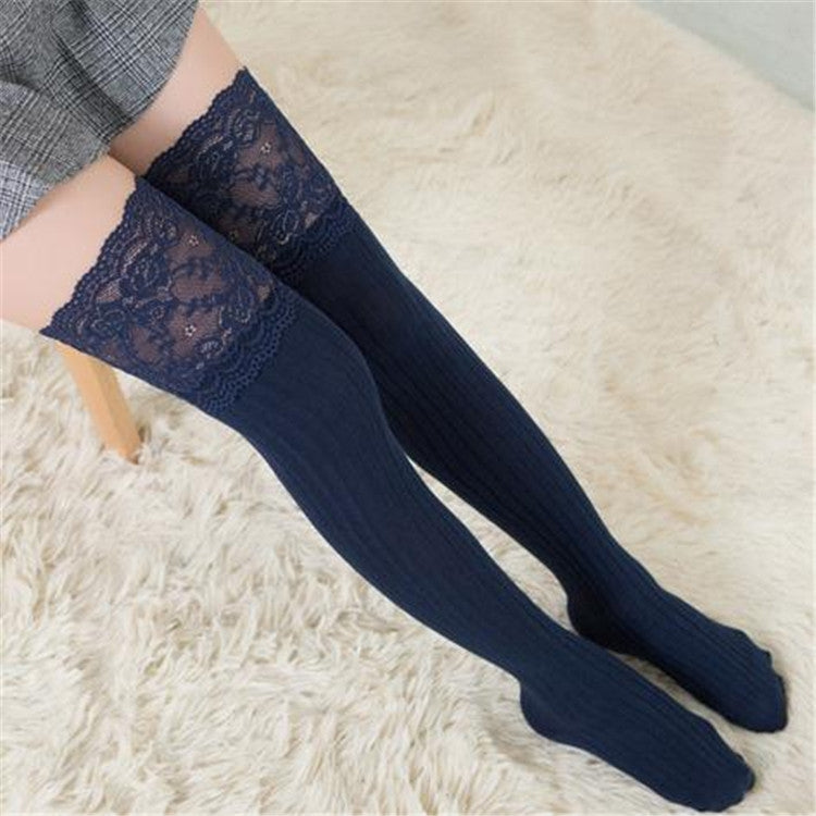Lace Stockings Above The Knee Non-Slip Thigh Socks Cotton Vertical Stripe Socks