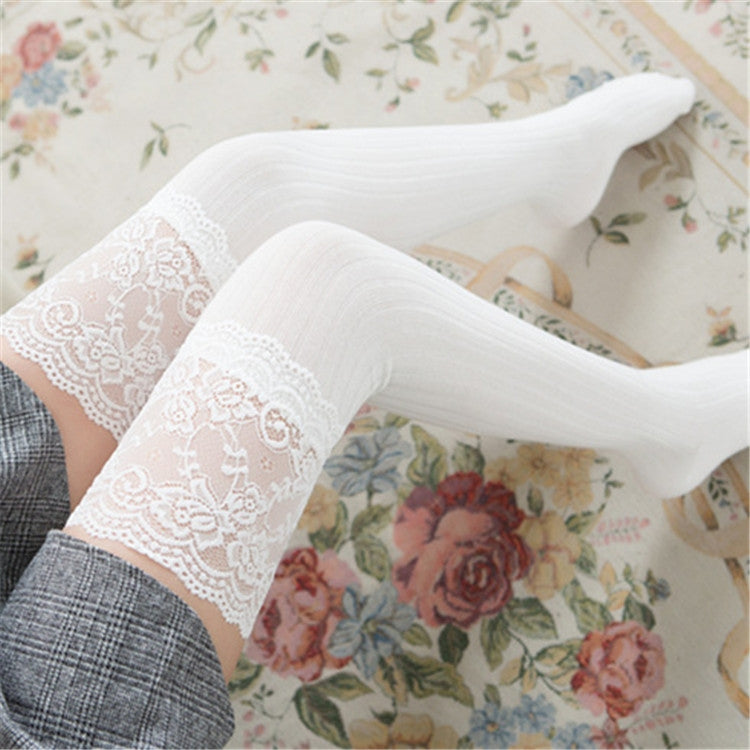 Lace Stockings Above The Knee Non-Slip Thigh Socks Cotton Vertical Stripe Socks