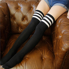 Black White Striped College Style Long Socks Thigh Socks
