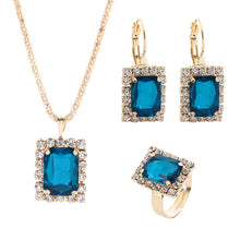 Load image into Gallery viewer, Square Crystal Necklace Earrings Ring For Women Jewelry Sets, Red, Green, Black, White, Royal Blue, Lake Blue
