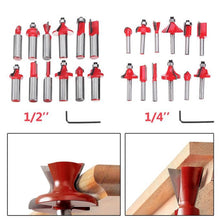 Load image into Gallery viewer, Woodworking Milling Cutter Set Trimming Machine Head Electric Wood Milling Engraving Machine Cutter, Red 1/4 Handle 12PCS, Blue 1/4 Handle 12PCS, Red 1/2 Handle 12PCS, Blue 1/2 Handle 12PCS, Red 1/4 Handle 15PCS, Red 1/2 Handle 15PCS                   ...