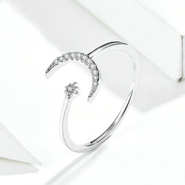 S925 Female Sterling Silver Zircon Ring Moon Open Ring Temperament Ring, SCR569