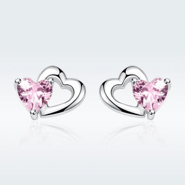 Heart-shaped S925 Sterling Silver Earrings with Gemstones, SCE090