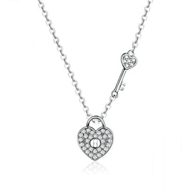 S925 Sterling Silver Platinum Plated Heart Lock Necklace Girls White Inlaid Zircon Key Jewelry, SCN315