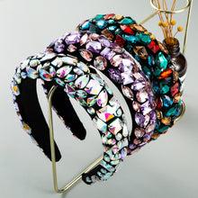 Load image into Gallery viewer, Gold Velvet Headband High-end Color Full Rhinestone Handmade Wide-brimmed Headband, Color, AB White, Purple Pink