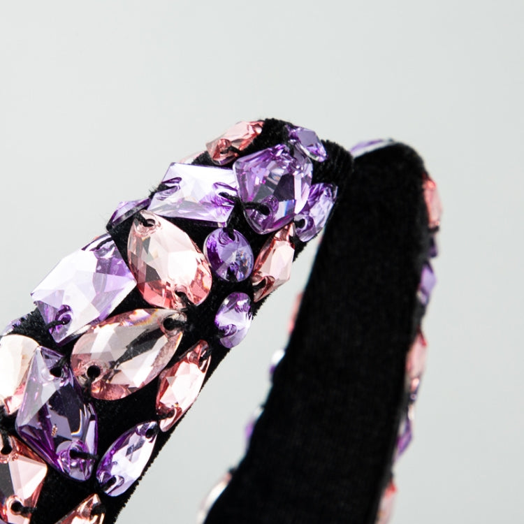 Gold Velvet Headband High-end Color Full Rhinestone Handmade Wide-brimmed Headband, Color, AB White, Purple Pink