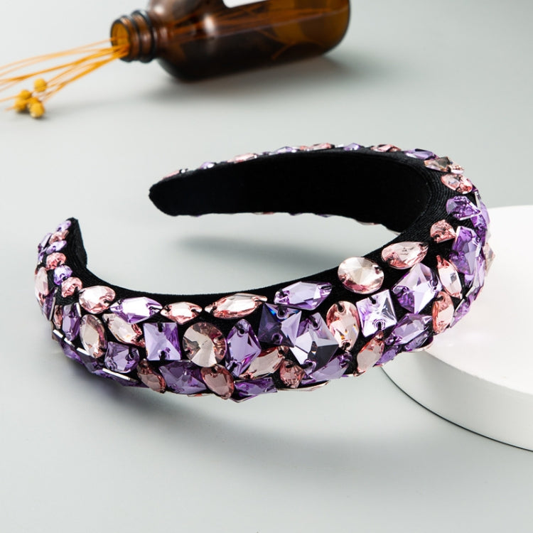 Gold Velvet Headband High-end Color Full Rhinestone Handmade Wide-brimmed Headband, Color, AB White, Purple Pink
