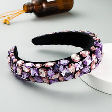 Load image into Gallery viewer, Gold Velvet Headband High-end Color Full Rhinestone Handmade Wide-brimmed Headband, Color, AB White, Purple Pink