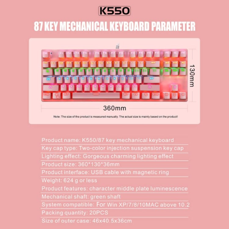 LEAVEN K550 87 Keys Green Shaft Gaming Athletic Office Notebook Punk Mechanical Keyboard, Cable Length: 1.8m, Black, White, Pink, Blue