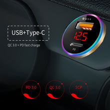 Load image into Gallery viewer, Aluminum Alloy Digital Display PD+QC3.0 Car Charger Multifunctional Car Charger, Elegant Black, Gold, Snowflake Silver