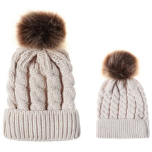 Load image into Gallery viewer, 2 in 1 Autumn and Winter Parent-child Hat Set Warm Twist Texture Knit Hat with Wool Ball